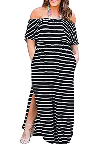 Nemidor Damen Obere Volantschicht Schulterfrei Plus Size Schlitz Maxikleid NEM200 - Schwarz - 56 Mehr von Nemidor