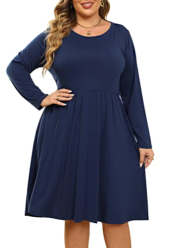 Nemidor Damen Rundhals Sommer Casual Plus Size Fit und Flare Midikleid mit Tasche, Navy+Sleeve, 52 Mehr von Nemidor