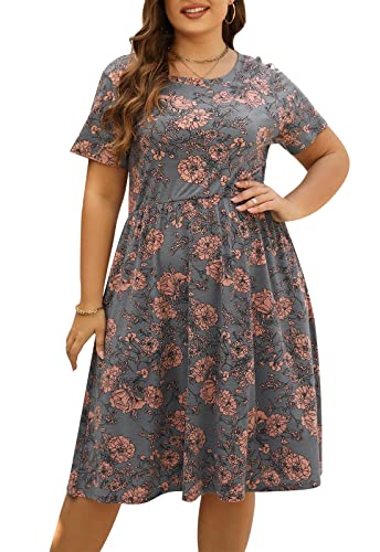 Nemidor Damen Rundhals Sommer Casual Plus Size Fit und Flare Midikleid mit Tasche NEM169, Pink, Grau, 56 Mehr von Nemidor