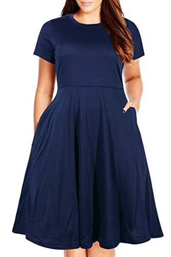 Nemidor Damen Rundhalsausschnitt-Sommer-beiläufige Plus Size fit und Flare midi-Kleid mit Tasche 18w Marine von Nemidor