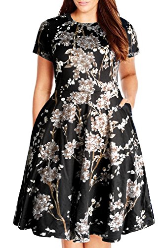 Nemidor Damen Rundhalsausschnitt-Sommer-beiläufiges Plus Size-Sitz und Aufflackern Midi-Kleid mit Tasche 18W schwarz drucken von Nemidor