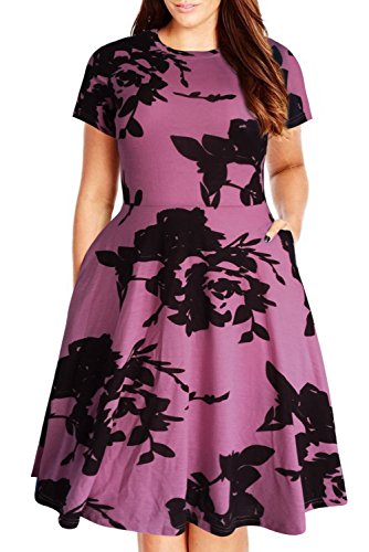 Nemidor Damen Rundhalsausschnitt-Sommer-beiläufiges Plus Size-Sitz und Aufflackern Midi-Kleid mit Tasche 22W lila drucken von Nemidor