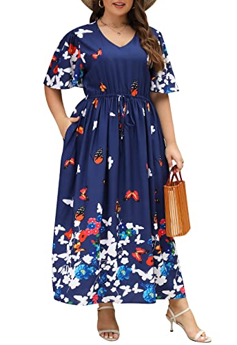 Nemidor Damen Übergröße Boho Blumendruck lässig ausgestelltes Maxikleid mit Tasche NEM420, Marineblauer Schmetterling, 48 Mehr von Nemidor