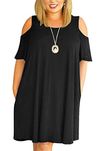 Nemidor Damen kalte schulter plus größen-beiläufiges t-shirt swing-kleid mit taschen 24w schwarz von Nemidor