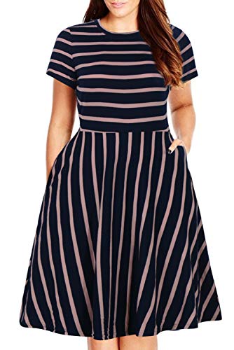 Nemidor Freizeitkleider in Übergröße für kurvige Frauen, Sommer, Kurze Ärmel, Passform und ausgestelltes Midi-Swing-Kleid mit Tasche, Marineblau gestreift, 50 Mehr von Nemidor