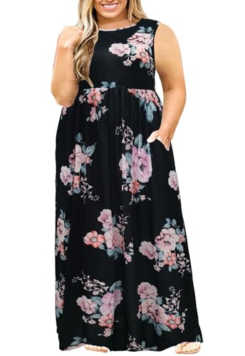 Nemidor Langes Maxikleid für Damen, ärmellos, locker, einfarbig, lässig, Übergröße, mit Taschen, Schwarz + rosa Blume, 48 Mehr von Nemidor