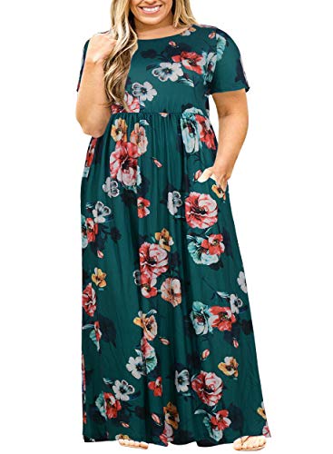 Nemidor Langes Maxikleid für Damen, kurze Ärmel, locker, einfarbig, lässig, Übergröße, mit Taschen, Grüner Druck, 52 Mehr von Nemidor