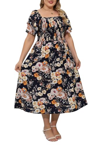 Nemidor Midi-Boho-Kleid in Übergröße für kurvige Frauen, lässig, gesmokt, Blumenmuster, langes Strandkleid mit Tasche, Größe 44-54, Marineblau, 56 Mehr von Nemidor