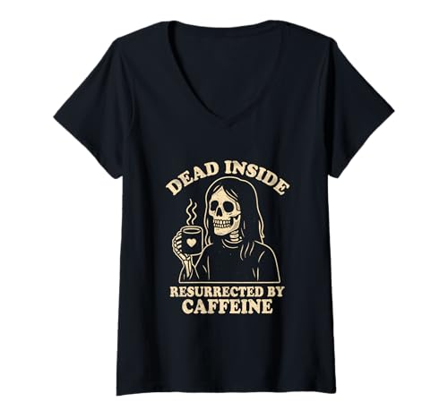 Damen Dead Inside But Resurrected by Coffein - Goth Coffee T-Shirt mit V-Ausschnitt von Nemons Goth Clothing