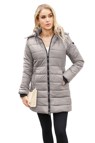 Nemopter Damen-Winterjacke, gesteppt, langärmlig, mit Reißverschluss, Parka für den Winter, lange Jacke, mit Kapuze, elegant, Slim – Fit Hoodie-Jacke, grau, 52 von Nemopter