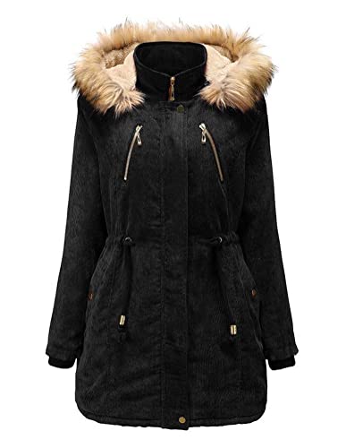 Nemopter Damenmantel Parka Mantel Velours gerippt mit Kapuze für Damen, Wintermantel für Damen, mittellang, Schwarz , 38 von Nemopter