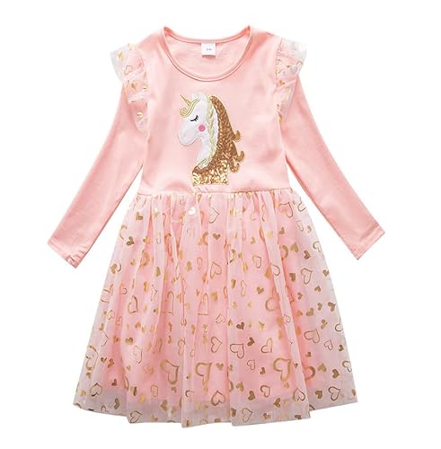 Nemopter Kleid Mädchen Prinzessin Kleid Kinder Frühling Hochzeit Zeremonie Casual Kinder Kleid 2 – 7 Jahre, Einhorn-Rosa, 5-6 Jahre von Nemopter
