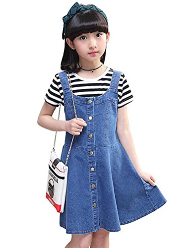 Nemopter Mädchen-Kleid mit Hosenträgern aus Jeans für Mädchen, Sommerrock, zweiteilig mit kurzen Ärmeln Gr. 8-9 Jahre , blau von Nemopter