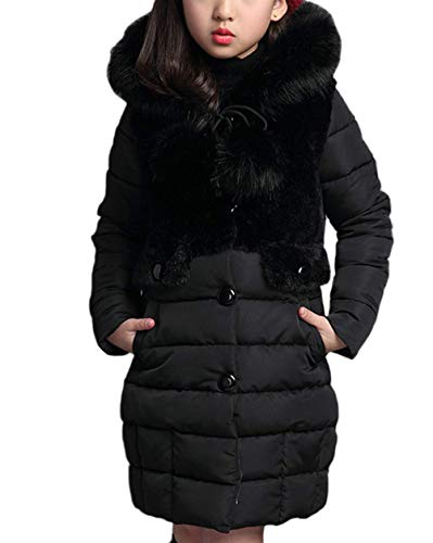 Nemopter Winter Daunenjacke Mädchen Prinzessin Wintermantel Herbst Mitte Langen dicken Parka mit Kapuze Fell,schwarz,130cm von Nemopter