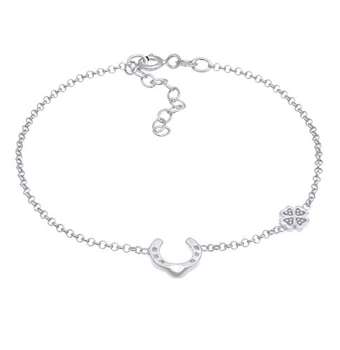 Damen Armband Silber mit Kleeblatt (6 mm) und Hufeisen Symbol (10 mm), Armkettchen mit Glücksanhänger aus 925 Sterling Silber, Armbänder Glücksymbol für Frauen Mädchen, Schmuck Geschenk von Nenalina