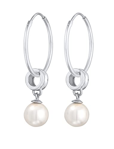 Damen Creolen Ohrringe mit Perle aus 925 Sterling Silber, Silber Ohrhänger mit synth. Perle (8 mm), Perlen Ohrringe für Damen, Hochzeit Ohrringe, 0312571621 von Nenalina