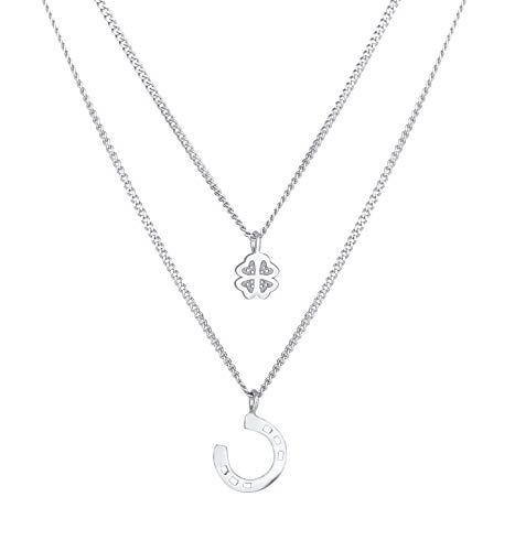 Damen Halskette Layer Silber mit Kleeblatt (6 mm) und Hufeisen Symbol (10 mm), zweireihige Kette mit Glücksanhänger aus 925 Sterling Silber, Glückskette Basic Accessoire für Frauen und Mädchen von Nenalina