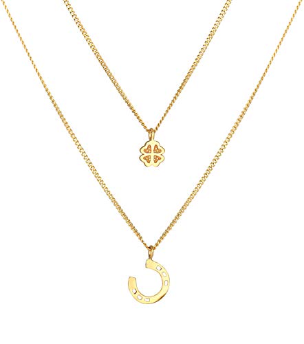 Damen Halskette Layer Silber mit Kleeblatt (6 mm) und Hufeisen Symbol (10 mm), zweireihige Kette mit Glücksanhänger aus 925 Sterling Silber vergoldet, Goldene Glückskette für Frauen und Mädchen von Nenalina