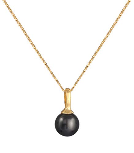 Damen Halskette mit Glas Perle schwarz in runder Form, Kette mit Perlen Anhänger (8 mm) aus 925 Sterling Silber vergoldet, Goldene Kette mit Perle, Anhänger für Frauen, Länge 45 cm von Nenalina
