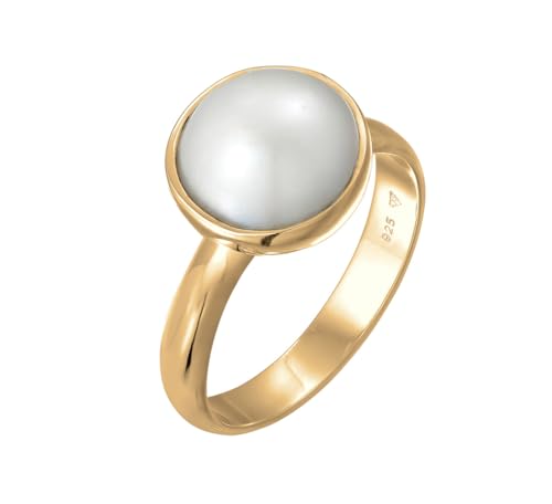 Damen Ring Perlenring mit Mabe Perle weiß (10 mm) handgearbeitet aus 925 Sterling Silber, Silberring Farbe Gold, Ringgröße 54 von Nenalina