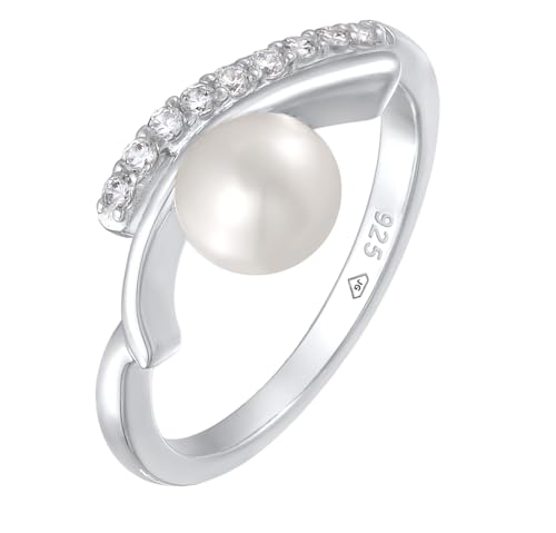 Damen Ring Perlenring mit Süßwasser Perle weiß (4 mm) handgearbeitet aus 925 Sterling Silber Silberring mit Zirkonia verziert für Frauen Größe: 58 von Nenalina