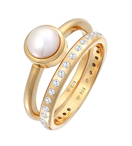 Damen Ring Set aus 925 Sterling Silber vergoldet, 2 Stück Band Ringe mit Süßwasserperle und Zirkonia, Stapelringe für Frauen, Goldene Frauen Schmuck Ringe Größe 56, 0610381521 von Nenalina