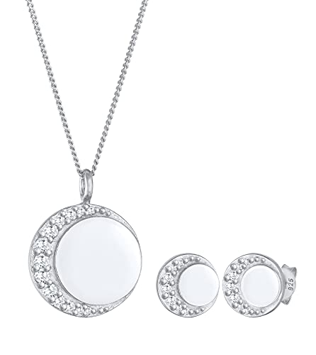 Halbmond Damen Schmuckset 925 Sterling Silber, Halskette und Ohrringe mit Zirkonia als Halbmond, Kette mit runden Anhänger (15 mm), Zirkonia Ohrstecker (10 mm) im Astro Style für Frauen von Nenalina