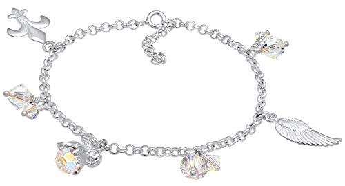 Nenalina Damen Bettelarmband mit einem Engel, Flügel, 3 Glas Kristall und Lilien Anhänger, handgefertigtes Armband für Frauen aus 925 Sterling Silber, Länge 16 cm von Nenalina