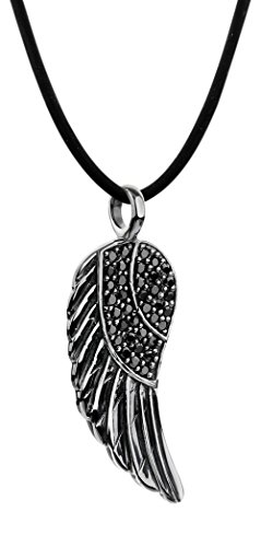 Nenalina Damen Halskette aus Kautschuk mit Engelsflügel Anhänger, Kautschukkette für Frauen mit Flügel und Zirkonia schwarz, Damen-Kette mit 925 Sterling Silber Verschluss, Länge 42cm von Nenalina