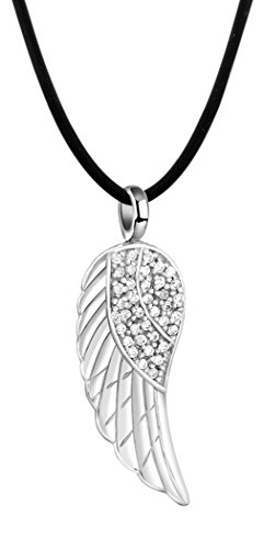 Nenalina Damen Halskette aus Kautschuk schwarz mit Engelsflügel Anhänger, Kautschukkette für Frauen mit Flügel und Zirkonia, Damen-Kette mit 925 Sterling Silber Verschluss, Länge 42cm von Nenalina