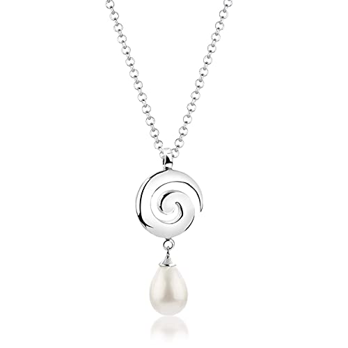 Nenalina Damen Halskette und Spiral Anhänger mit Muschelperle weiß in Tropfenform, Kette für Frauen mit Schmuck Perlanhänger, 80 cm Lange Damenkette 925 Sterling Silber, Brautschmuck, KAS-186 von Nenalina