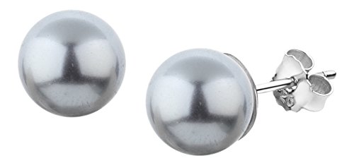 Nenalina Silber Damen-Ohrringe Ohrstecker mit Glas Perlen 8 mm Grau für Frauen, 925 Sterling Silber, Ohrstecker für Damen mit Perlen, Hochzeit Ohrringe, 842401-199 von Nenalina