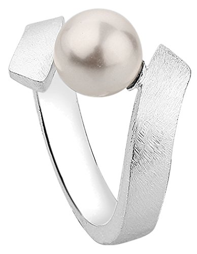 Nenalina Damen Ring Perlenring gebürstet besetzt mit 1 Perle von Glas Kristalle 8 mm in weiß, handgearbeitet aus 925 Sterling Silber, 721082-300 Gr.54 von Nenalina