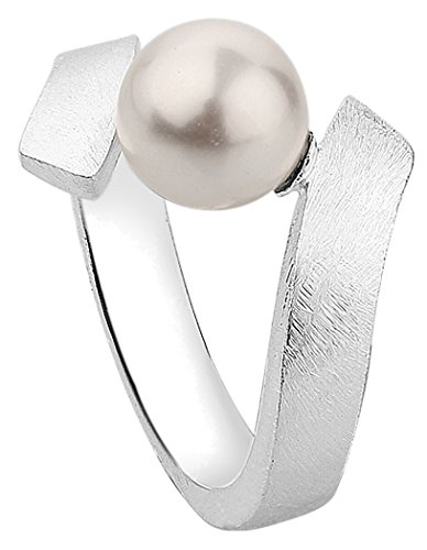 Nenalina Damen Ring Perlenring gebürstet besetzt mit 1 Perle von Glas Kristalle 8 mm in weiß, handgearbeitet aus 925 Sterling Silber, 721082-300 Gr.56 von Nenalina