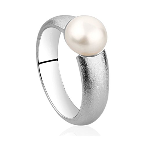 Nenalina Damen Ring Perlenring gebürstet besetzt mit 1 Süsswasserzuchtperle 8 mm in weiß, handgearbeitet aus 925 Sterling Silber, Gr. 58-721083-342-58 von Nenalina