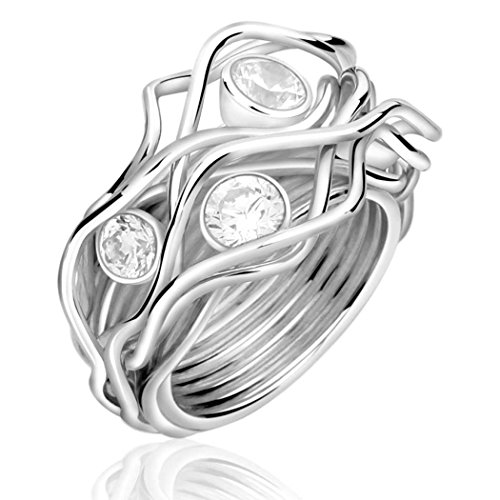 Nenalina Damen Ring Silberring besetzt mit 2 Cubic Zirkonia 4 mm und 2 Cubic Zirkonia 5 mm in weiß, handgearbeitet aus 925 Sterling Silber, 212234-019-56 von Nenalina