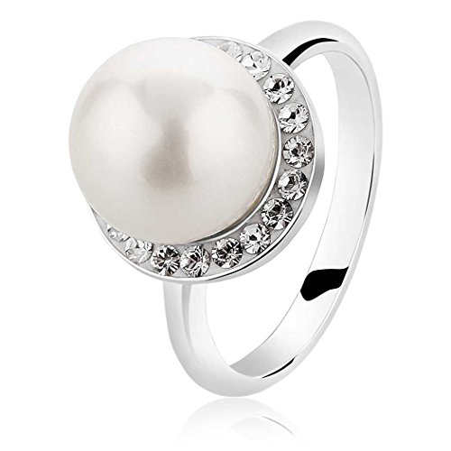 Nenalina Damen Ring Silberring mit Einer 10 mm Muschelkern-Perle, umrandet von Glas Kristallen, handgearbeitet aus 925 Sterling Silber, 214069-050 Gr.54 von Nenalina