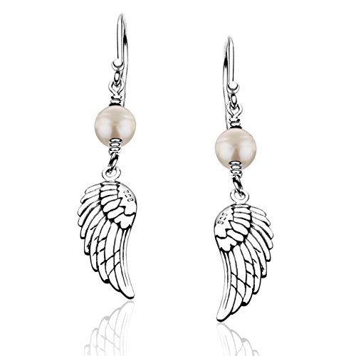 Nenalina Ohrringe Silber 925 Damen Ohrhänger mit Engelsflügel und Süsswasserperlen 6mm weis von Nenalina