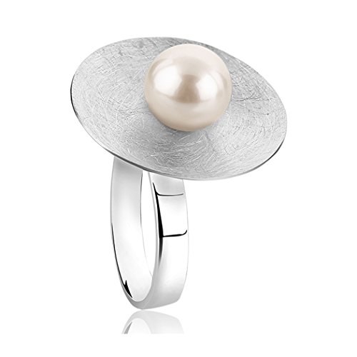 Nenalina Damen Ring Perlenring im Geo Look gebürstet besetzt mit 1 Muschelkernperle 8 mm in weiß, handgearbeitet aus 925 Sterling Silber, 721089-346-54 von Nenalina