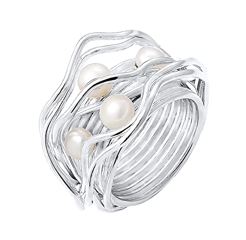 Nenalina Damen Ring Perlenring besetzt mit 2 Süsswasserperlen 4 mm und 2 Süsswasserperlen 5 mm in weiß, handgearbeitet aus 925 Sterling Silber, Gr. 54-721058-042-54 von Nenalina