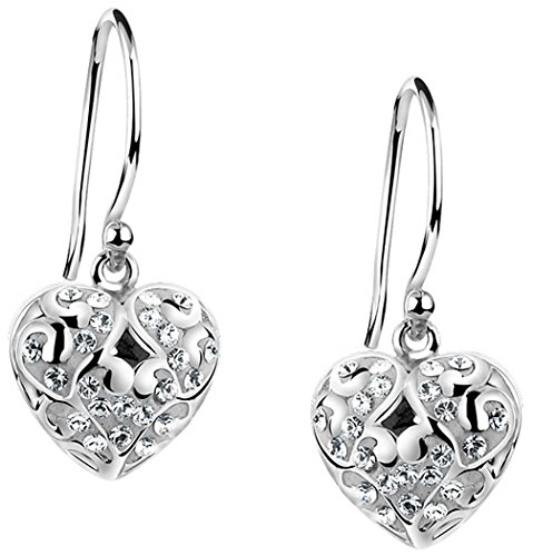 Nenalina Silber Damen-Ohrringe Ohrhänger mit Herz 11 mm und weißen Glas Kristalle, 925 Sterling Silber, Lange Ohrringe für Frauen, Hochzeit Ohrringe, 224064-001 von Nenalina