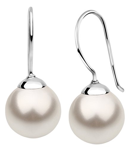 Nenalina Silber Damen-Ohrringe Ohrhänger mit Glas Perlen 10 mm Weiß für Frauen, 925 Sterling Silber, Perlen Ohrringe für Damen, Hochzeit Ohrringe, 842403-190 von Nenalina