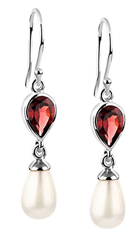 Nenalina Ohrringe Silber 925 Damen Ohrhänger mit Muschelkernperle 12 mm und Granat Tropfen in rot 9 mm von Nenalina