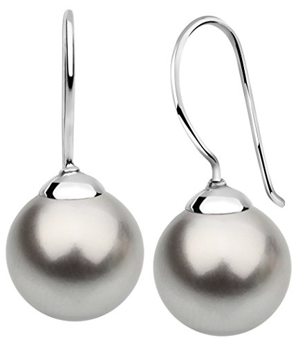 Nenalina Silber Damen-Ohrringe Ohrhänger mit Glas Perlen 12 mm Hellgrau für Frauen, 925 Sterling Silber, Perlen Ohrringe für Damen, Hochzeit Ohrringe, 842404-193 von Nenalina