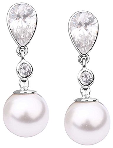 Nenalina Ohrstecker 925 Silber Damen Ohrringe Ohrhänger mit Muschelkernperlen 10 mm und Zirkonia in Tropfenform 9 mm von Nenalina