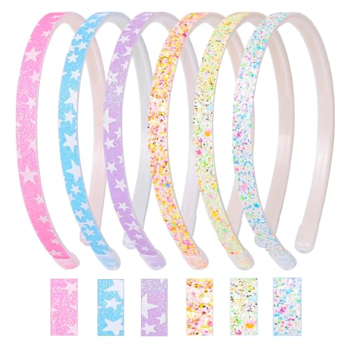 Nenjindz 6 Stück Glitzer-Haarreif Glitzernde Stirnband,Niedliche Rutschfeste Dicke Kunststoff-Haarbänder mit Zähnen,Glitzernd Haar-Accessoire Stern-Pailletten Haarreifen für Kinder kleine Mädchen von Nenjindz