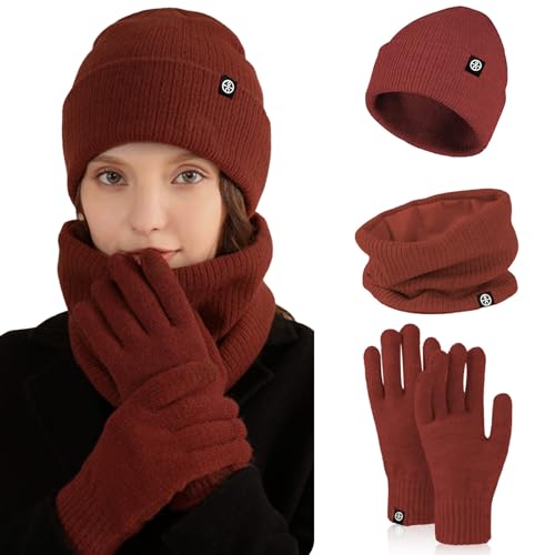 Nenkarn Mütze, Schal und Handschuhe Set Damen, 3 in 1 Mütze und Schal Set für Frauen, dickes Fleece Touchscreen Handschuh Strickmütze Kaltes Wetter Zubehör Sets, Burgunderrot, One size von Nenkarn