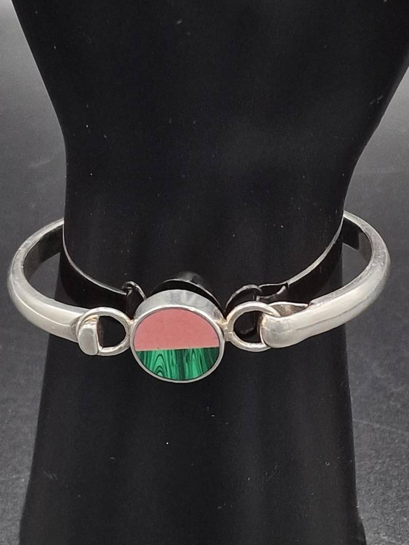 Taxco Tr-168 925 Sterling Silver Bracelet With Malachite & Natural Pink Stone von NenkosShop