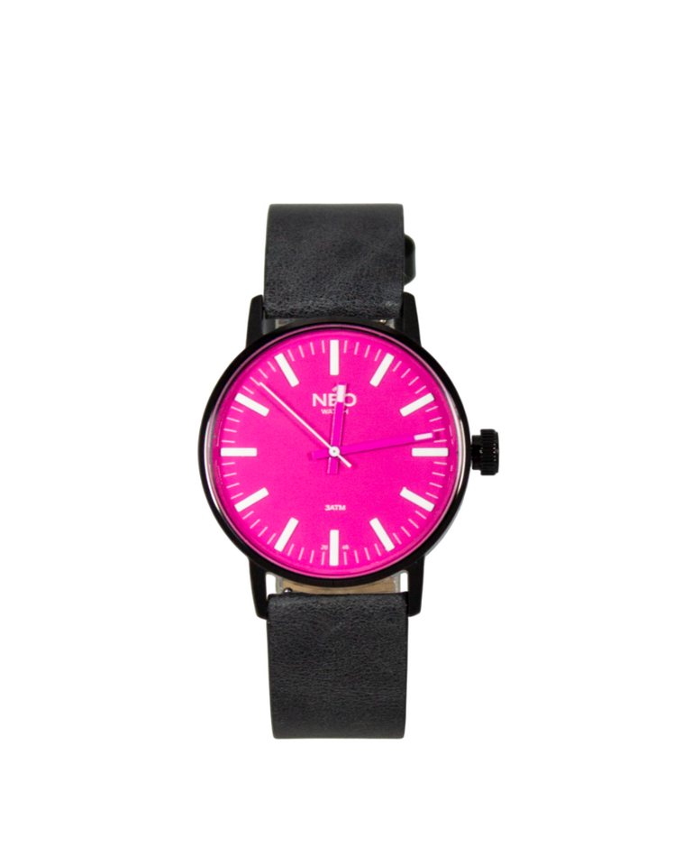 Neo Watch Quarzuhr Damen Edelstahl Lederband Schwarz Rosa N6-002, Mineralglas, schlicht, Lederarmband von Neo Watch