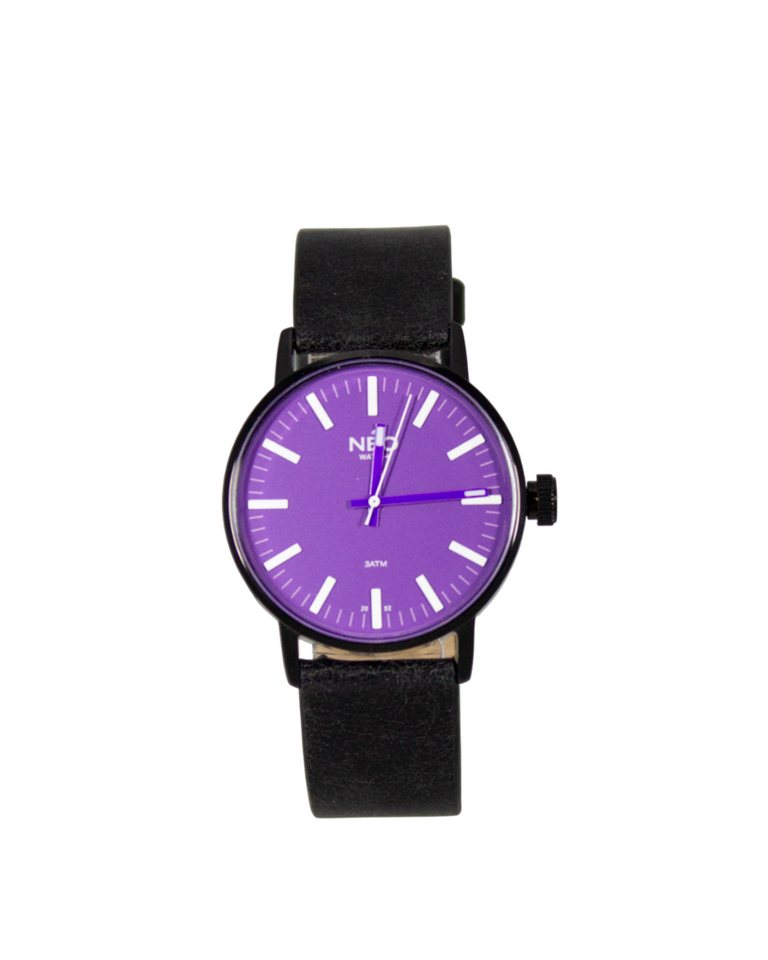 Neo Watch Quarzuhr Damen Edelstahl Lederband Schwarz Violett N6-003, Mineralglas, schlicht, Lederarmband von Neo Watch